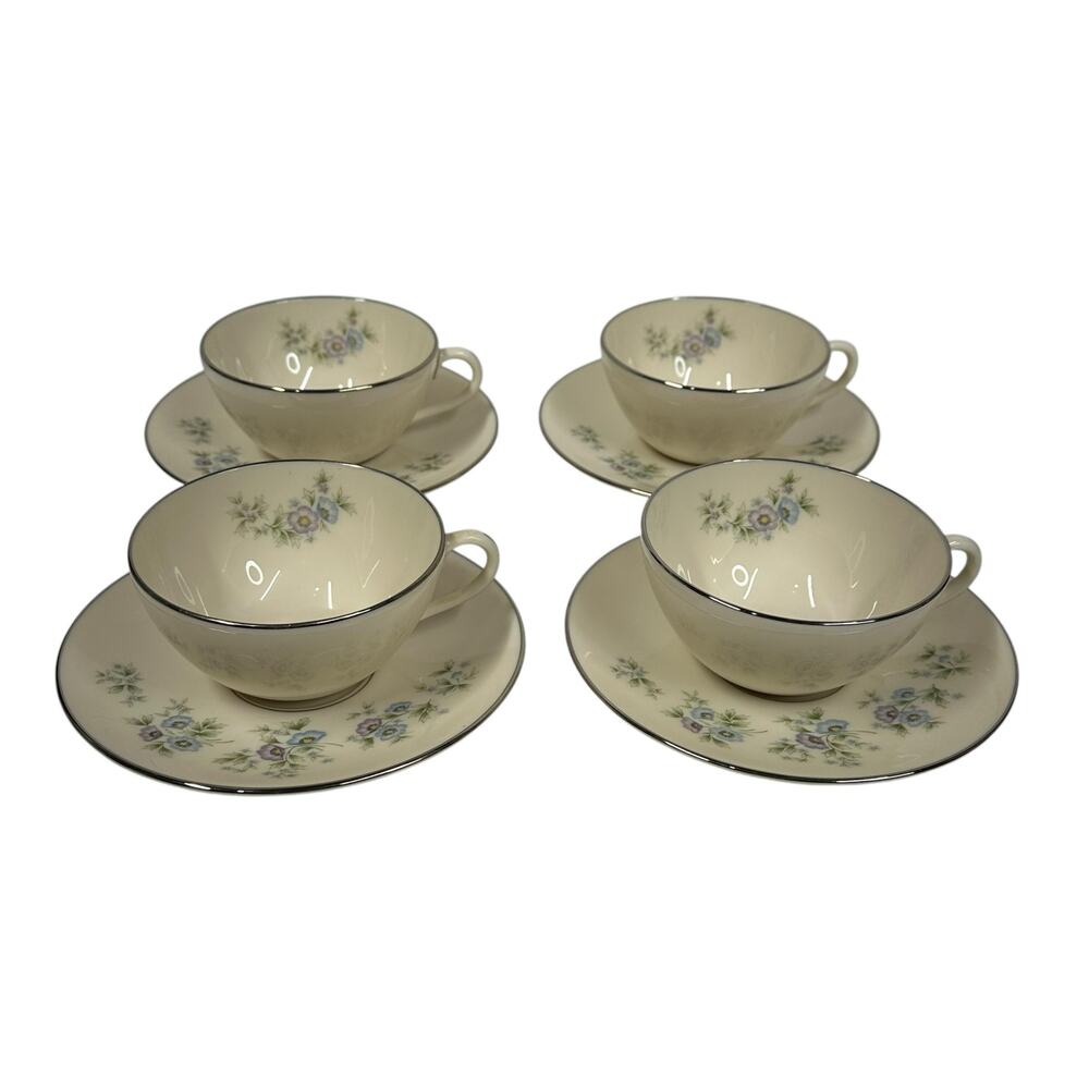 Vintage Lenox Maywood Blue Floral w/ Platinum Edges H502 Tea Cups &‎ Saucers (4)